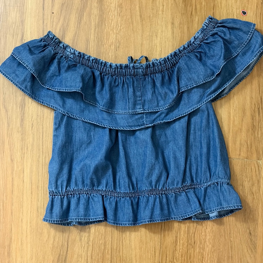 Express Blue Off-Shoulder Ruffle Blouse - Picture 4 of 6